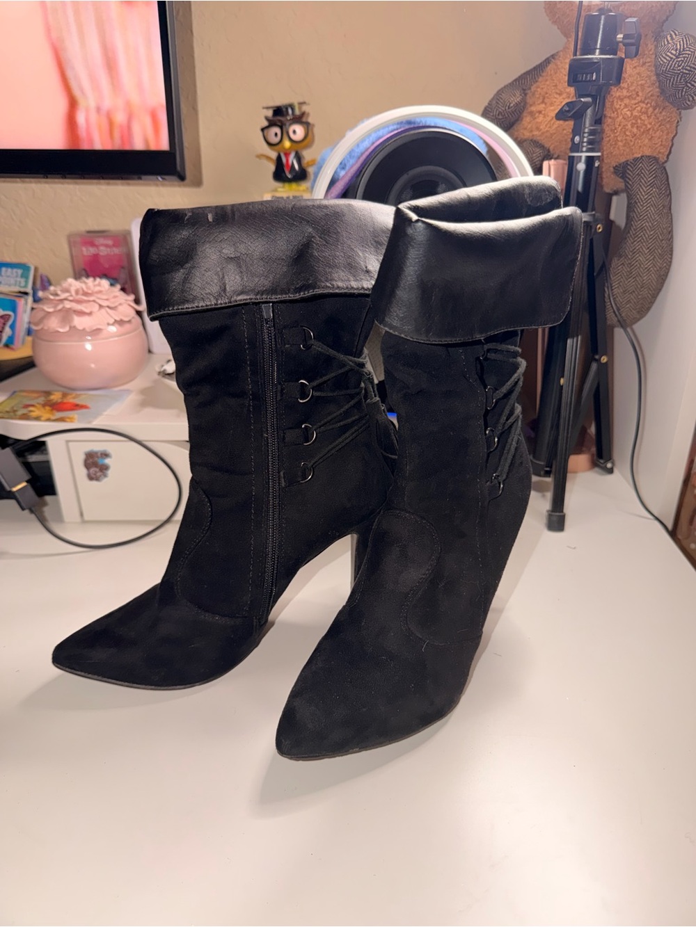 Glaze Black Fold-Over Pointed-Toe Lace-Up Heeled Ankle Boots